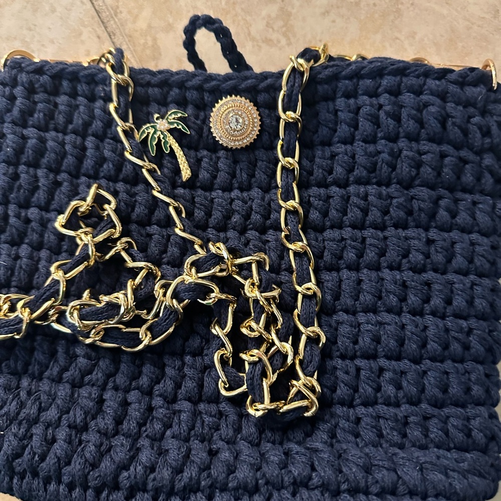 Navy Blue Crochet Bag with Gold Chain